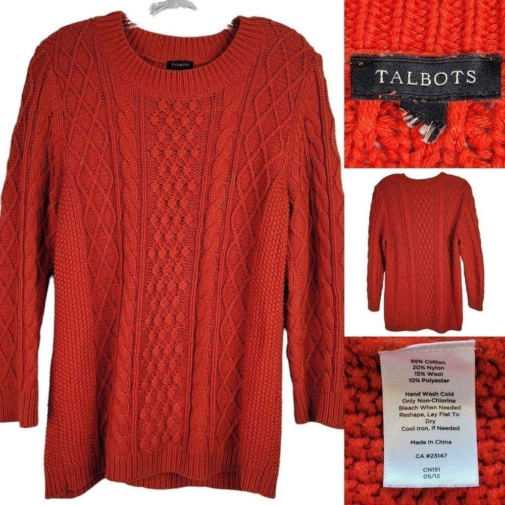 Talbots Sweater Women's Cable Knit Pullover Medium Cotton Chunky Knit Orange